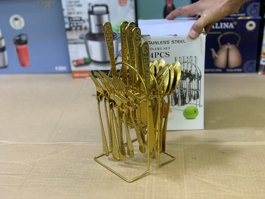 24 Pieces Golden Stainless Steel Cutlery with Stand