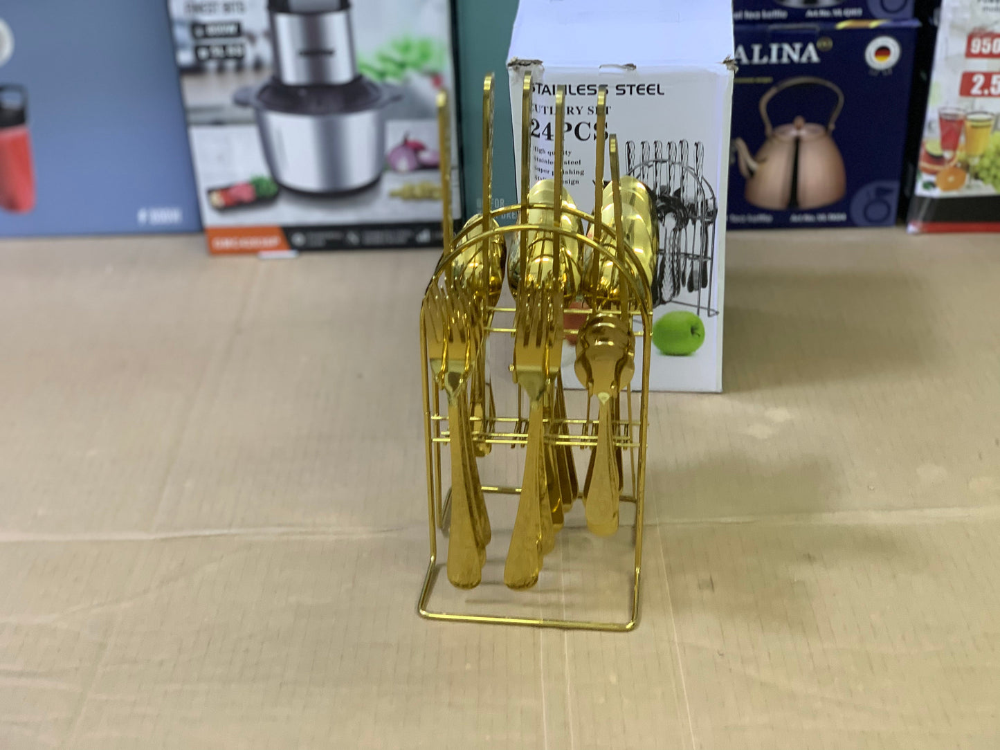 24 Pieces Golden Stainless Steel Cutlery with Stand