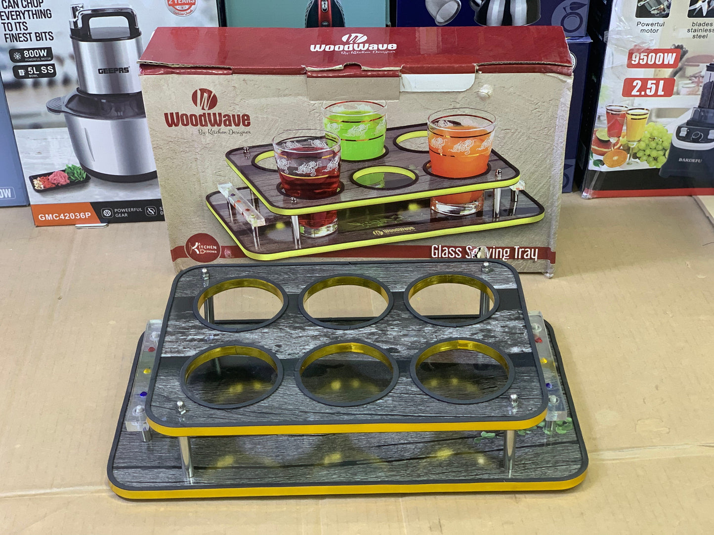 Glass serving tray Wooden for 6 person