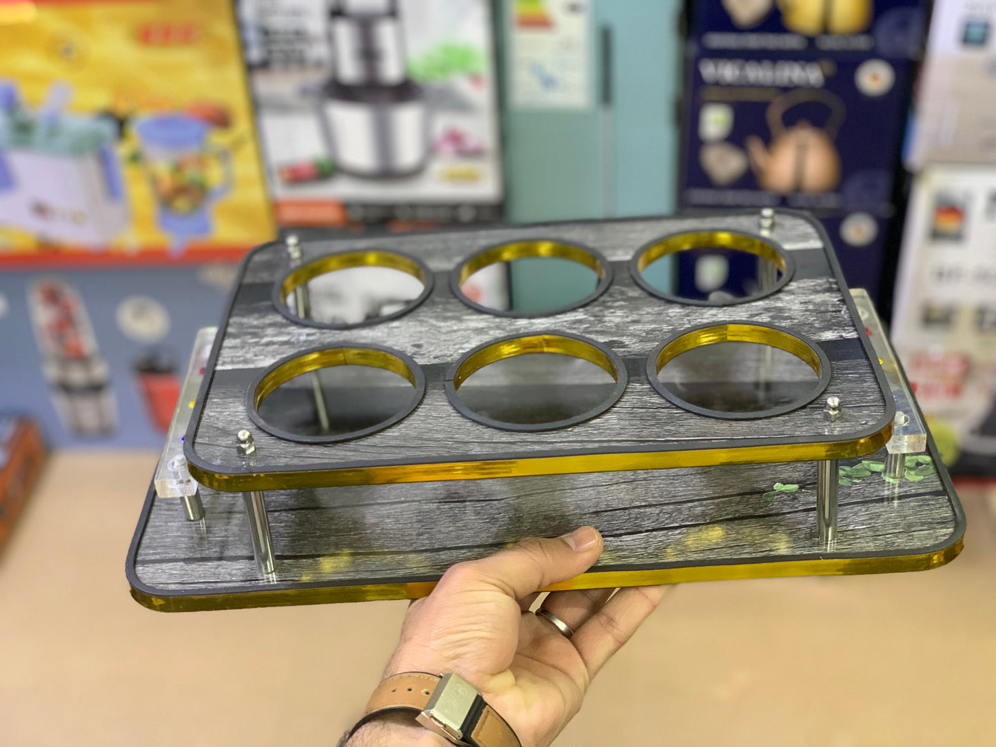 Glass serving tray Wooden for 6 person